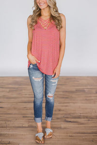 Striped Sleeveless Hollow Out T-Shirt