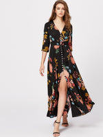 Load image into Gallery viewer, Tie Button Smocked Waist Tassel Through Floral Dress
