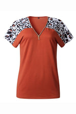 Load image into Gallery viewer, V-Neck Leopard Zipper Short Sleeve T-Shirt
