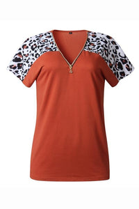 V-Neck Leopard Zipper Short Sleeve T-Shirt