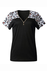 V-Neck Leopard Zipper Short Sleeve T-Shirt
