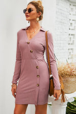 Load image into Gallery viewer, Solid Color V Neck Buttons Mid Dress
