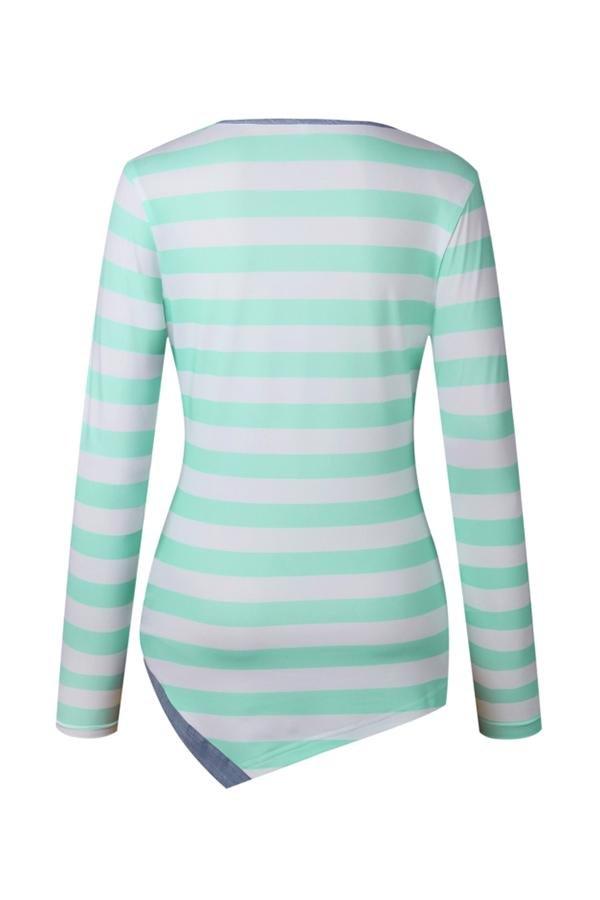 Striped Irregular T-Shirt With Long Sleeve And Round Collar