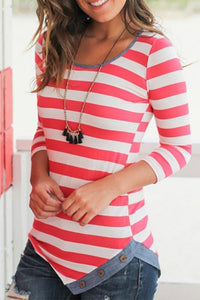 Striped Irregular T-Shirt With Long Sleeve And Round Collar