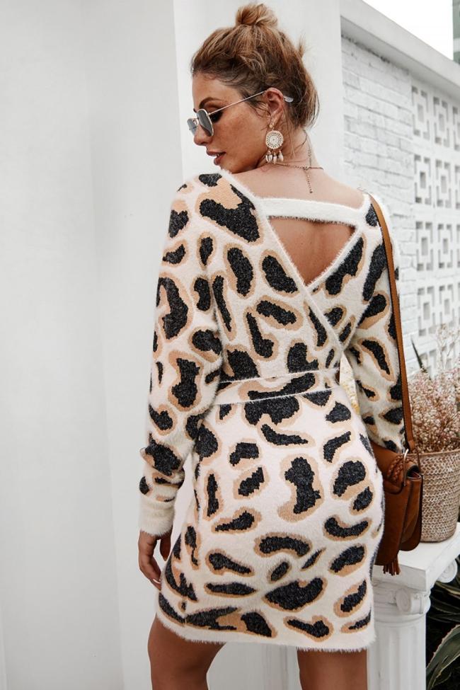 Leopard Long-Sleeved Belt Short Dress