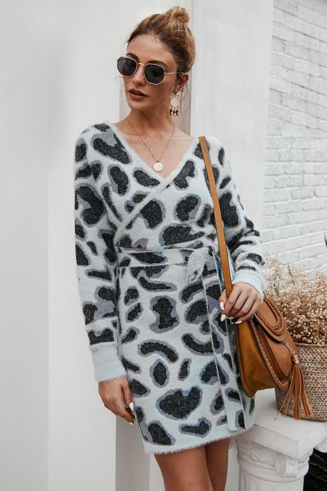 Leopard Long-Sleeved Belt Short Dress