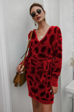 Load image into Gallery viewer, Leopard Long-Sleeved Belt Short Dress
