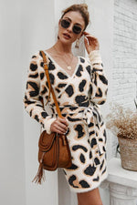 Load image into Gallery viewer, Leopard Long-Sleeved Belt Short Dress
