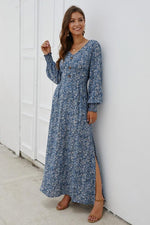 Load image into Gallery viewer, Floral V Neck Long-Sleeved Mid Dress
