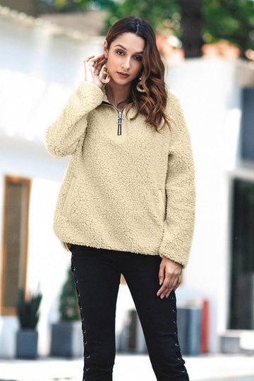 Fluffy Turn-Down Collar Zipper Sweatshirt