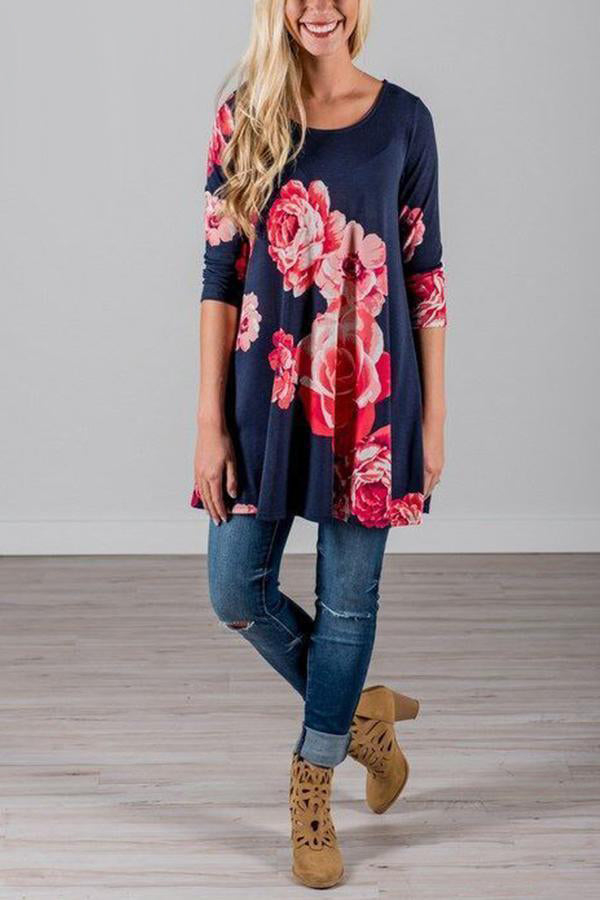 Floral Half Sleeve Round Neck Loose Dress