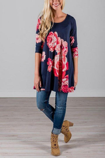 Floral Half Sleeve Round Neck Loose Dress