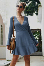 Load image into Gallery viewer, Plain V Neck Long-Sleeved Short Dress
