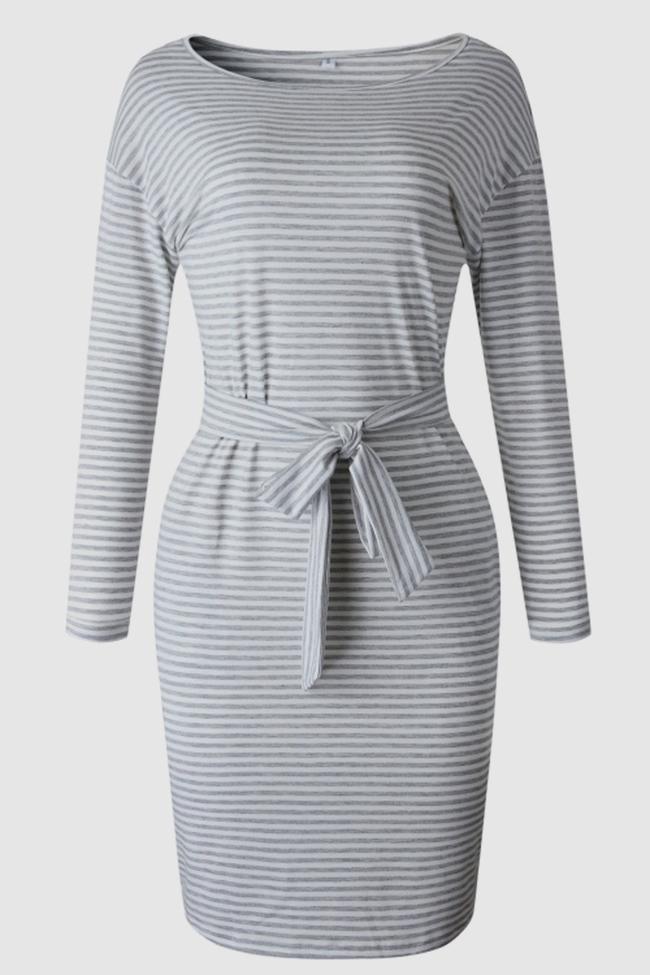 Striped Belt Long-Sleeve Dress
