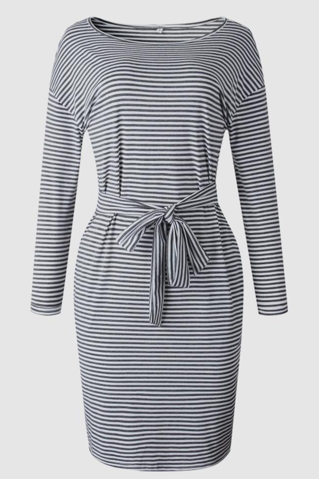 Striped Belt Long-Sleeve Dress