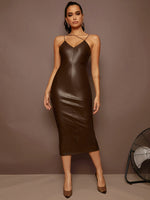 Load image into Gallery viewer, PU Leather Crisscross Cami Bodycon Midi Dress
