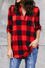Load image into Gallery viewer, Plaid V Neck Long Sleeve Loose Shirt
