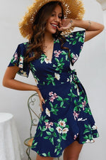 Load image into Gallery viewer, Leaves Print V Neck Wrap Knot Dress
