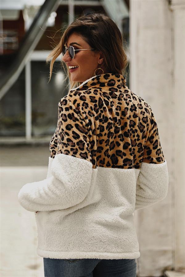 Leopard Pattern Stitching Fleece Pullover