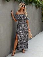 Load image into Gallery viewer, Ruffle Bardot Trim Split Thigh Dress
