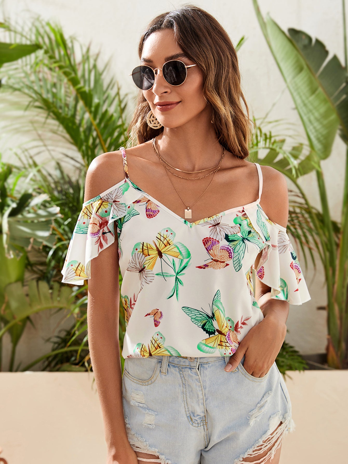 Cold Shoulder Butterfly Print Blouse