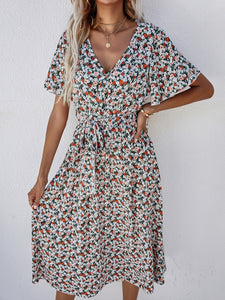 Floral Print Allover Bell Sleeve Belted Midi Dress