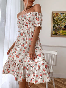 Square Neck Allover Floral Flounce Sleeve Dress