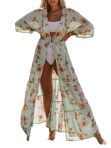 Women's Flowy Kimono Cardigan Sheer Floral Print Dress Beach Coverups Swimsuit