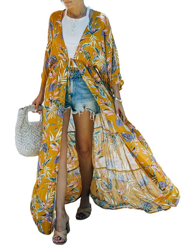 Women's Flowy Kimono Cardigan Sheer Floral Print Dress Beach Coverups Swimsuit