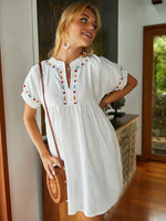 Load image into Gallery viewer, Notched  Embroidery Neck Smock Mini Dress
