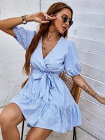 Load image into Gallery viewer, Striped Ruffle Hem Puff Sleeve Belted Mini Dress
