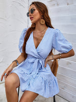 Load image into Gallery viewer, Striped Ruffle Hem Puff Sleeve Belted Mini Dress
