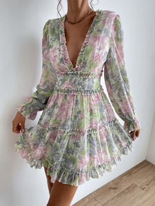 Floral Frill Trim Print Flounce Sleeve Mini Dress