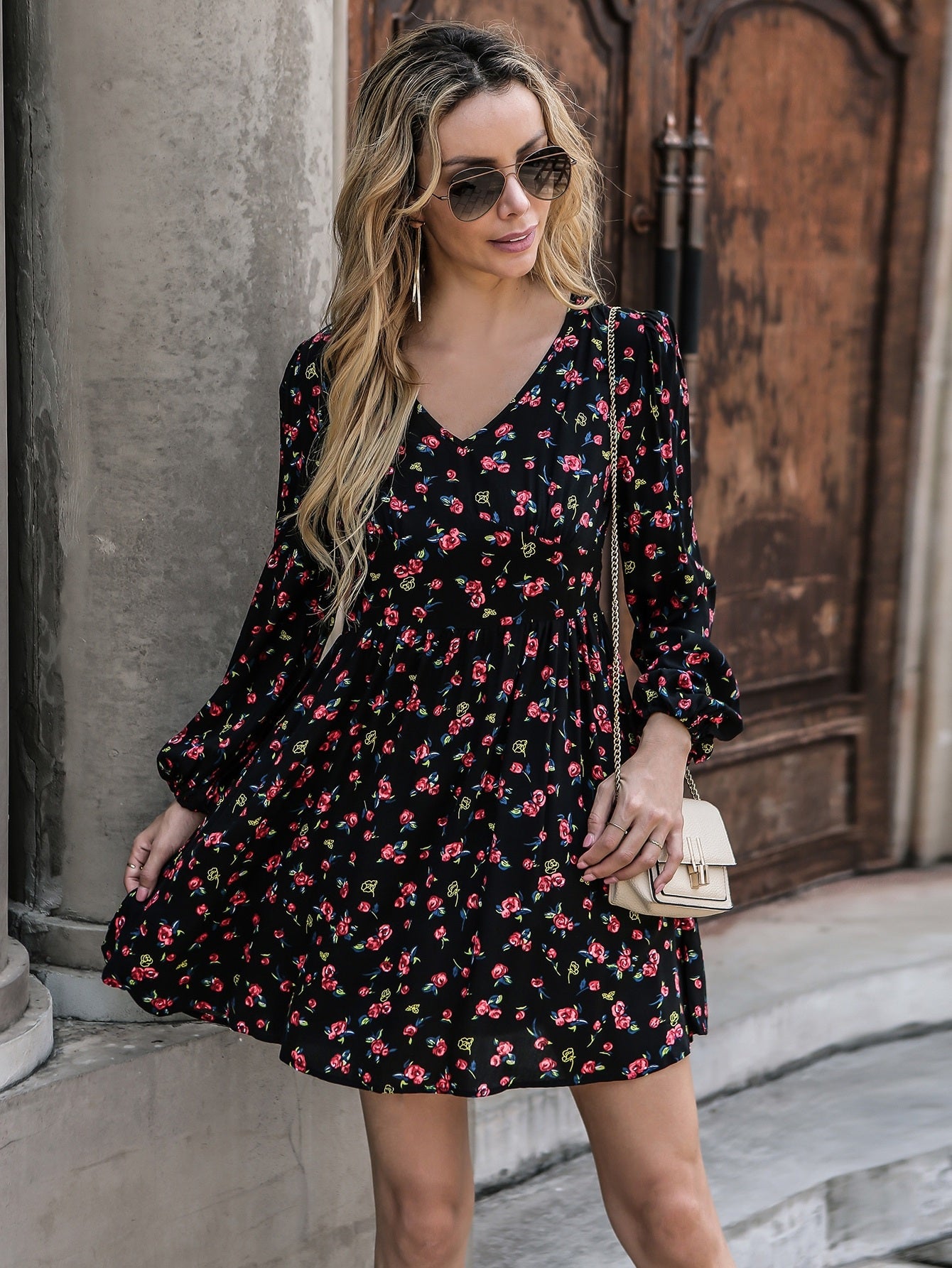 Bishop Sleeve V-Neck Ditsy Floral Print Dress