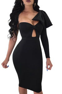 One Shoulder Bowknot Hollow Out Bodycon Midi Dress for Women