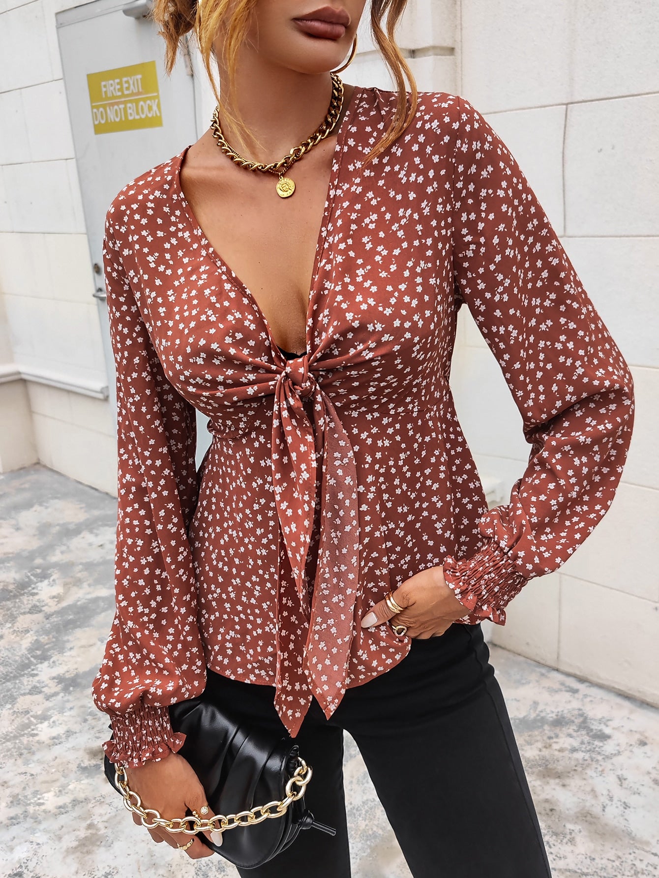 Tie Front Plunging Ditsy Floral Print Neck Blouse