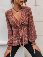 Load image into Gallery viewer, Tie Front Plunging Ditsy Floral Print Neck Blouse
