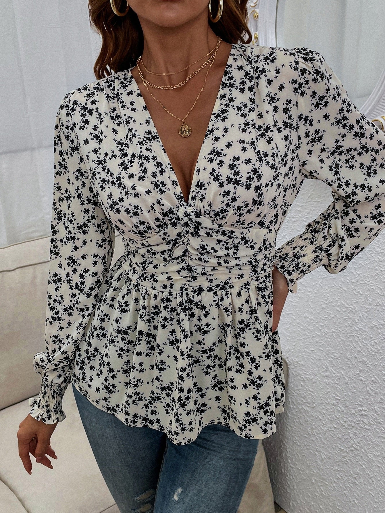 Bust Ruched Ditsy Floral Print Blouse