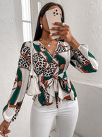 Load image into Gallery viewer, Chain &amp; Leopard Print Peplum Belted  Blouse
