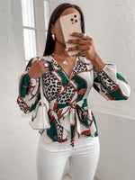 Load image into Gallery viewer, Chain &amp; Leopard Print Peplum Belted  Blouse
