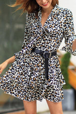 Load image into Gallery viewer, Leopard Thrn-Down Collar Belt Dress
