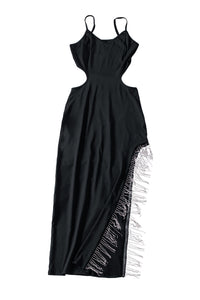 Sexy Cut Out Dress Rhinestone Tassel Maxi Dress with Side Slit
