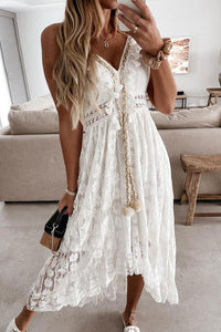 White Flowy Dress Sleeveless Lace Prom Gown Evening Dress