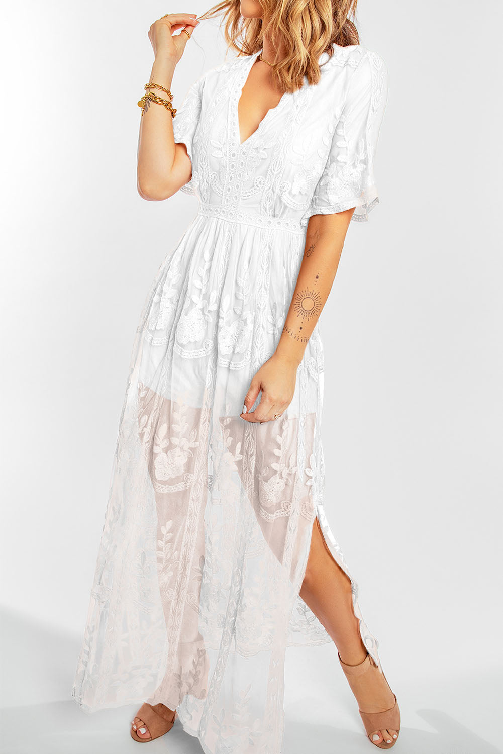 White Bridesmaid Dresses V Neck Floral Lace Maxi Dress