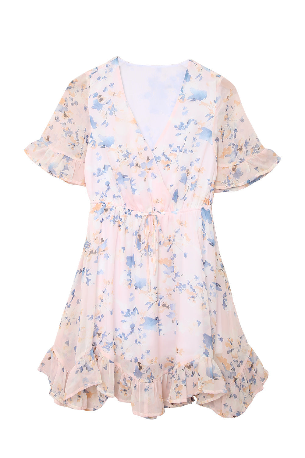 Floral Print Flared Sleeve Ruffle V Neck Dress for Ladies