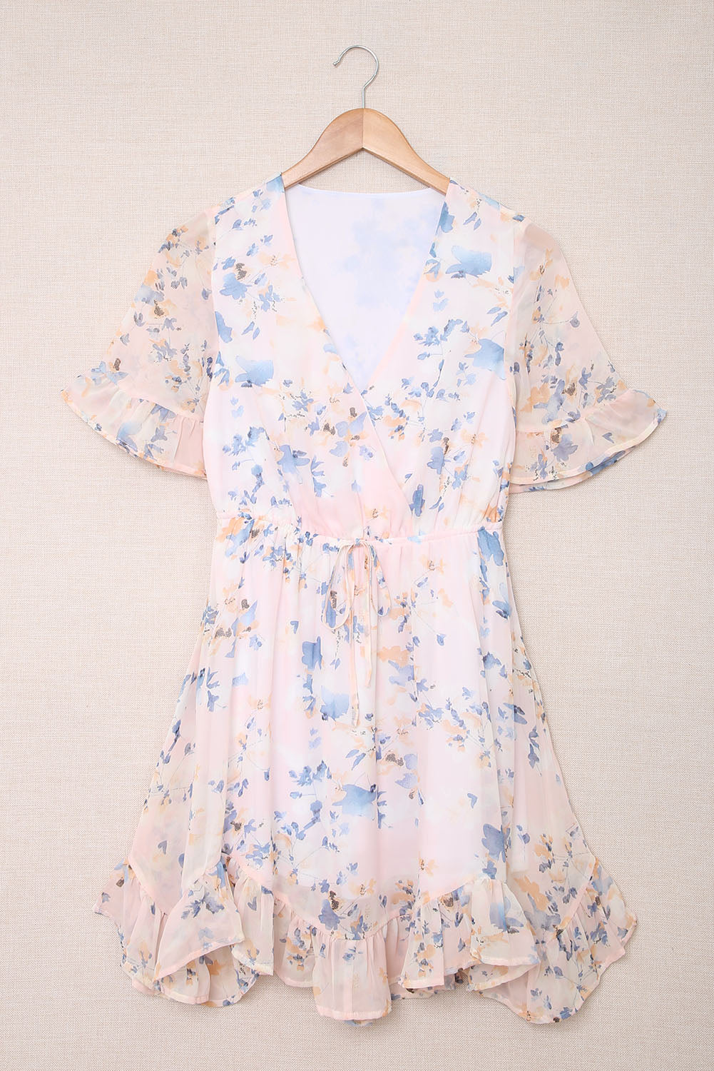 Floral Print Flared Sleeve Ruffle V Neck Dress for Ladies