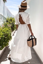 Load image into Gallery viewer, Ladies Lace Crochet Dress Open Back Ruffled Maxi Dress for Summer
