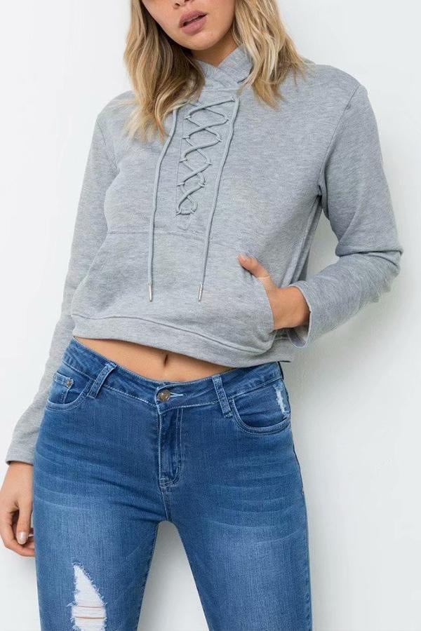 Gray Lace Up Crop Hoodie