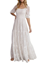 Load image into Gallery viewer, White Prom Dress Smocked Lace Maxi Dress for Women
