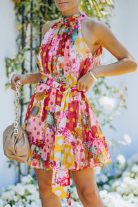 Womens Floral Polka Dot Print Ruffled Sleeveless Mini Dress with Belt